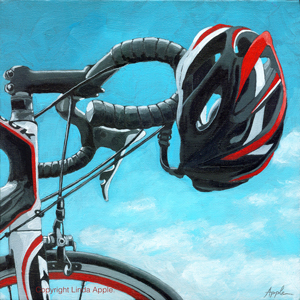 Painting (C) Copyright by Linda Apple. Depicts a bicycle helmet hanging from the handlebars of a bicycle, blue sky as background.